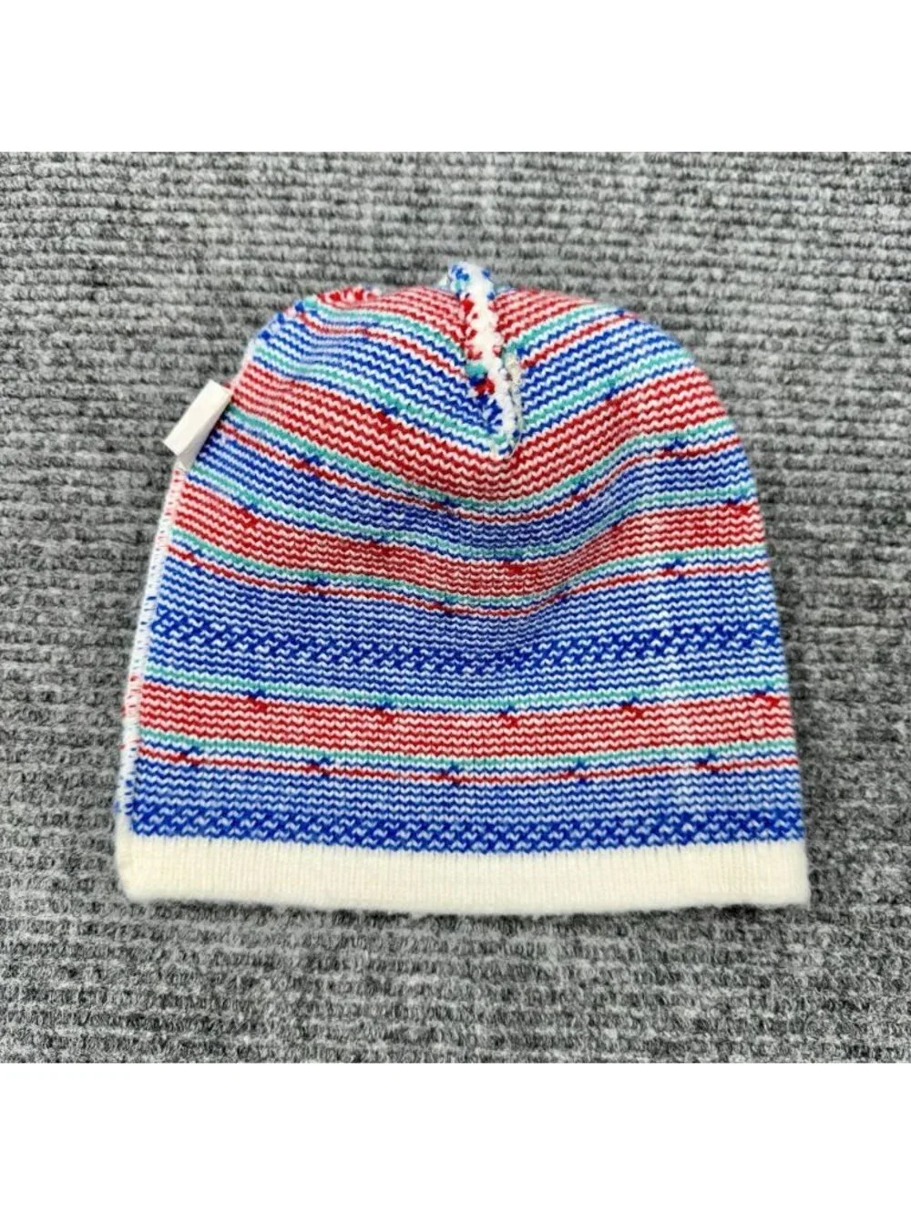 Vintage Wigwam Pom Beanie Ivory White Blue Red Heart Knit Hat Ski Cottagecore